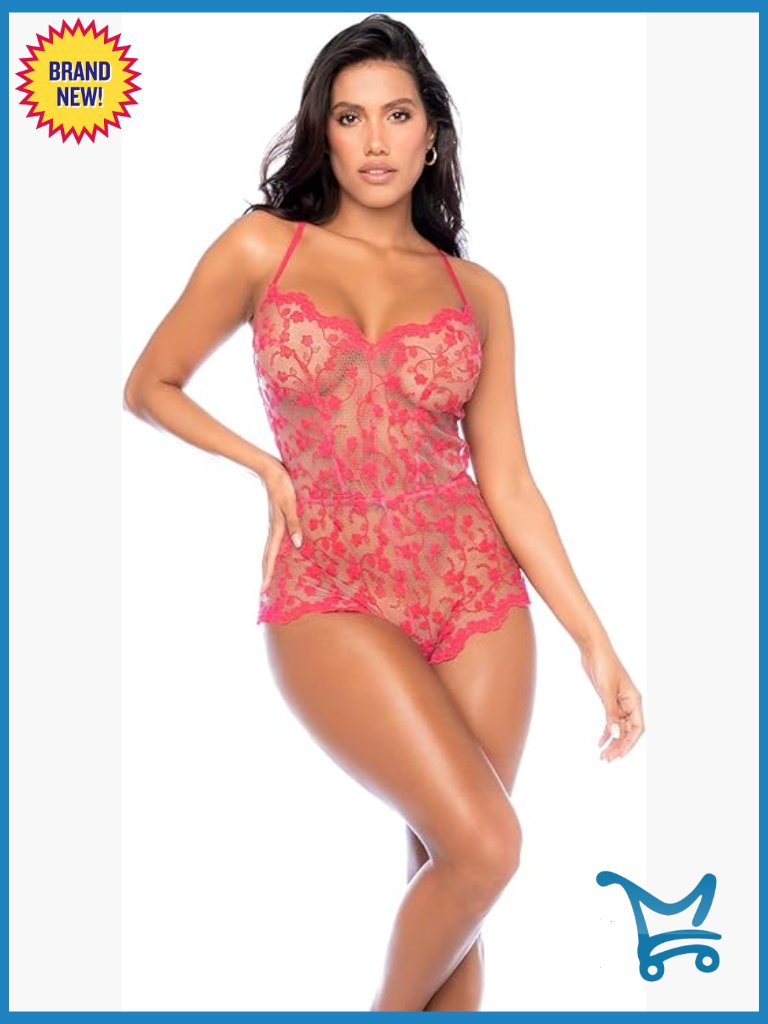 Lace Sleep Romper Adjustable Straps Snap Crotch Halter Neck Sleeveless